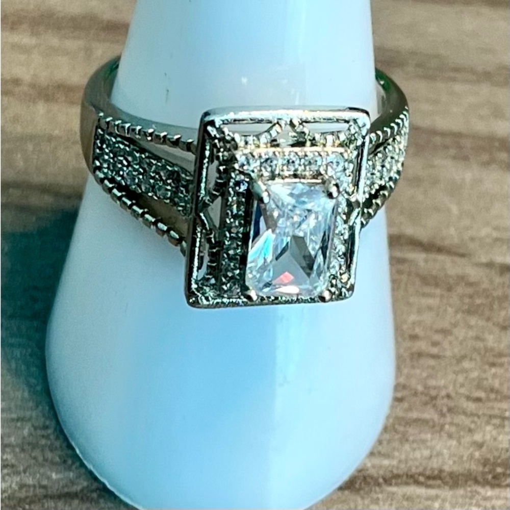 Silver-Tone White Cubic Zirconia Halo Ring